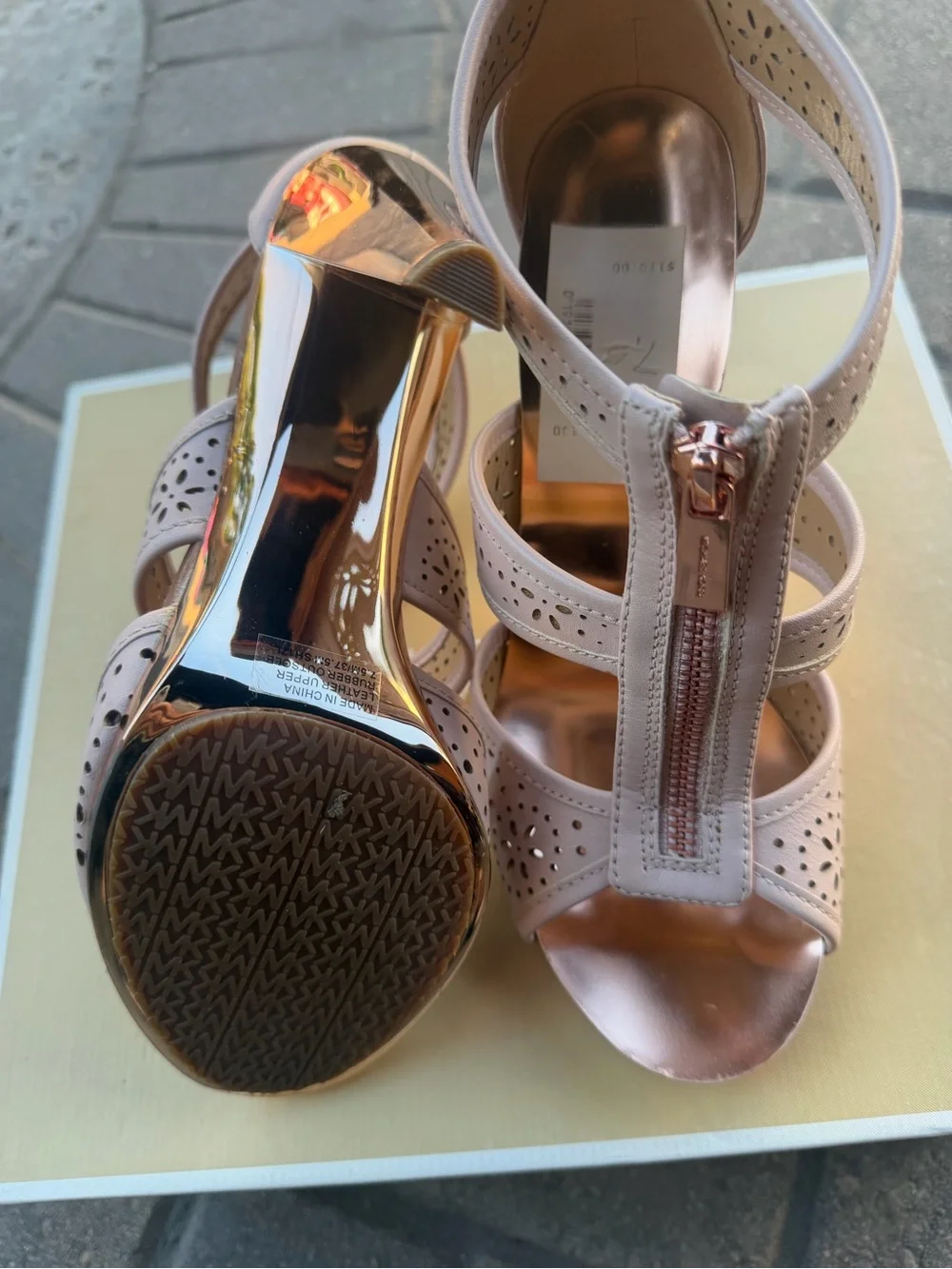 Michael Kors Blush Pink Perforated T-Strap Heels with Rose Gold Heel - Picture 4 of 10
